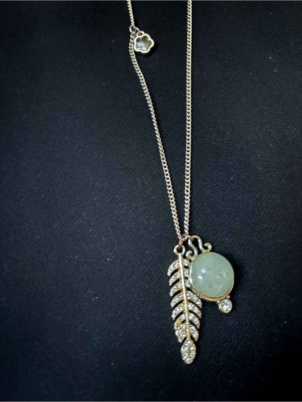 Gold-Tone Necklace with Green Jade Disk and Crystal Feather Charm